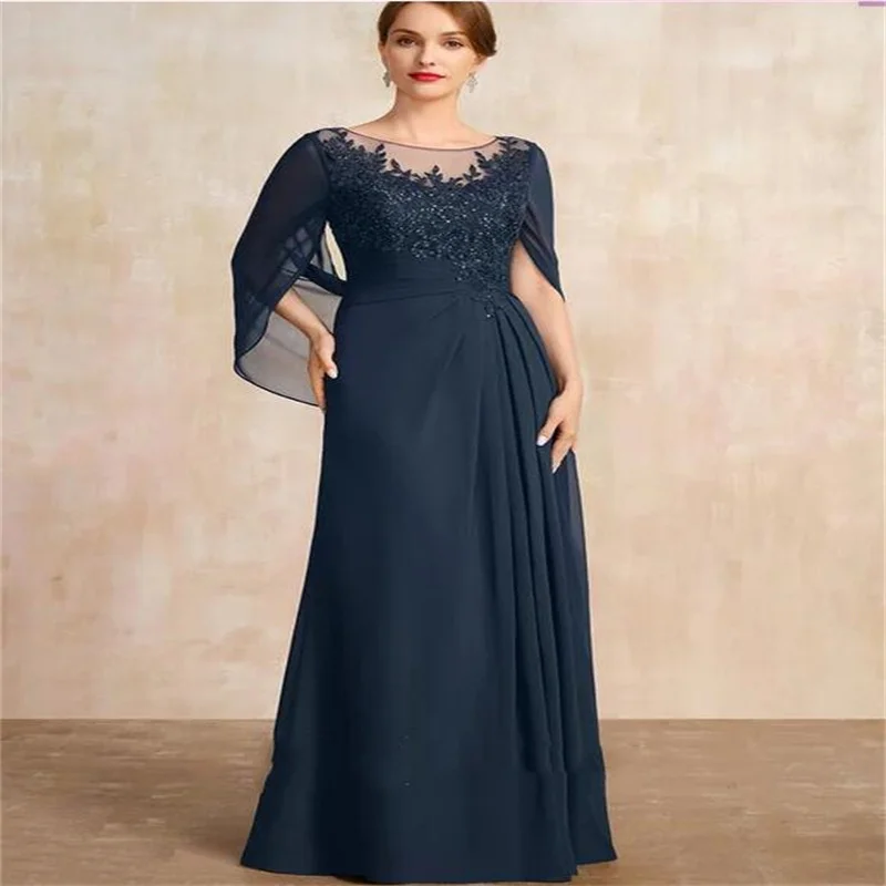 

O Neck Navy Blue Sexy Dress for Mother's Evening Applique Lace Long Elegant Bride Mom Dresses 2024 Chiffon Prom Dress with Cape