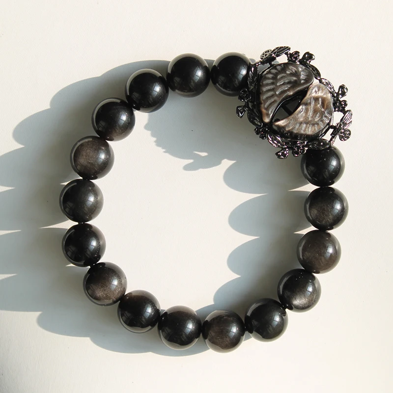 Unit One Bracelet 12 mm Natural Silver Obsidian Crystal Bead With Silver Obsidian Angel Wings Bracelet For Gift