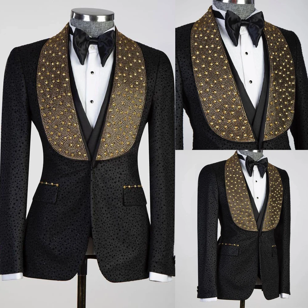 Luxury Black Shawl Lapel Men's Tuxedo Jacket with Gold Rhinestone Panel Sparkly Sequin Body Stage Prom Blazer Custom MadeM264545