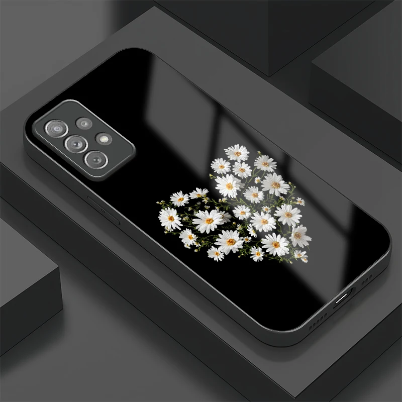 Shockproof Tempered Glass Phone Case For Samsung Galaxy A52S A42 A32 A72 A52 A22 A12 Nacho Fashion Daisy Flowers Pattern Cover