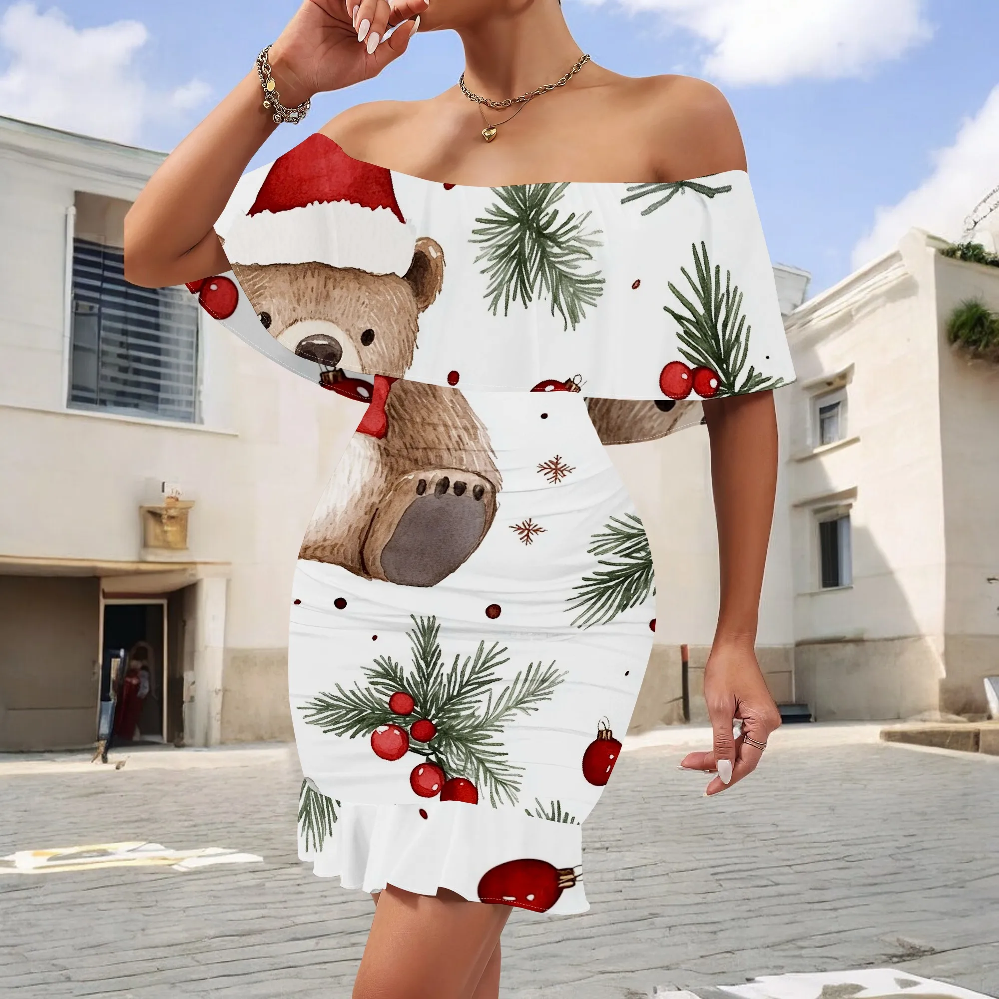 

Women's Off Shoulder Christmas Dress S-3XL 2025 Sexy Santa Bear Print Bodycon Mini Dress Holiday Party Outfit