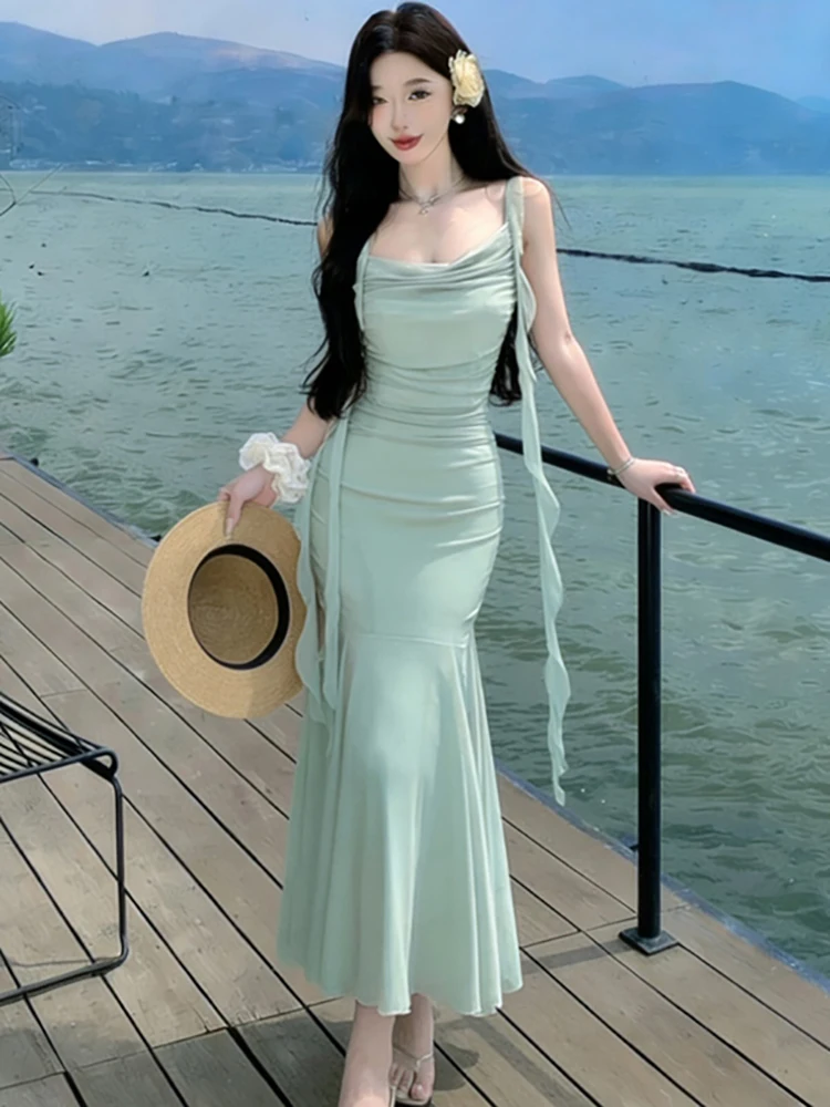 

2026 Blue Mesh Pleated Bodycon Sling Sexy Long Dress Women Elegant Chic Ruffled Casual Dress Summer Korean Luxury Evening Dress