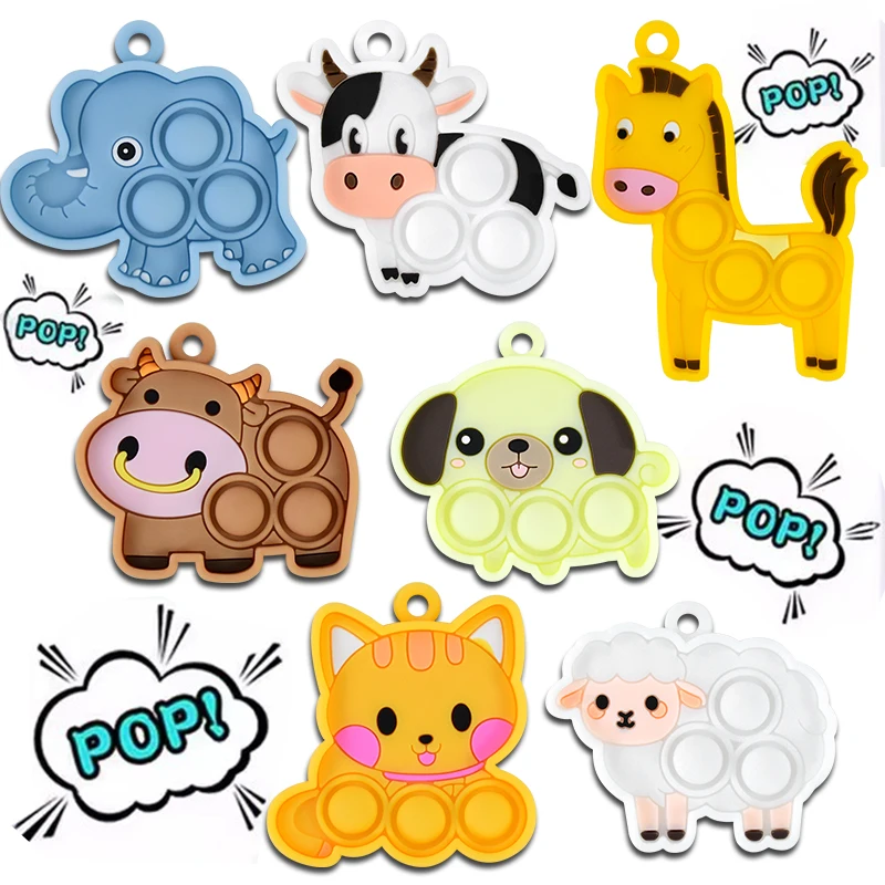 7Pcs New Animal Pop Fidget Toys Keychain Cute Sheep Cat Dogs Push Bubble Stress Relief Toys For Kids Birthday Party Gift Fillers