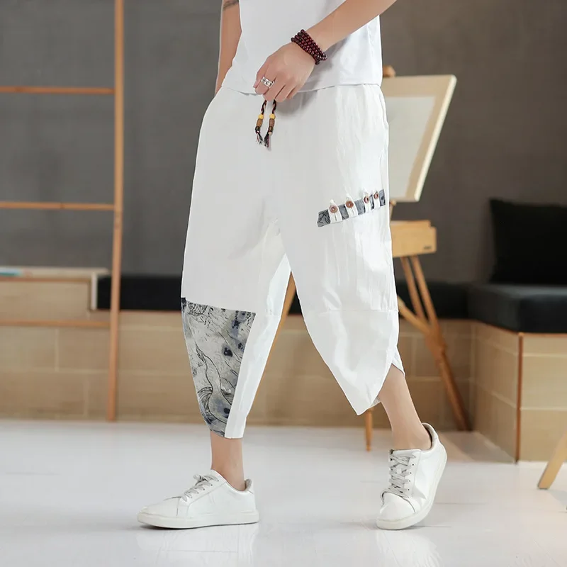 Japanese Kimono Men\'s Cotton Linen Samurai Clothing Patchwork Print Retro Harem Pants Loose Shorts Harajuku Hip Hop Pants