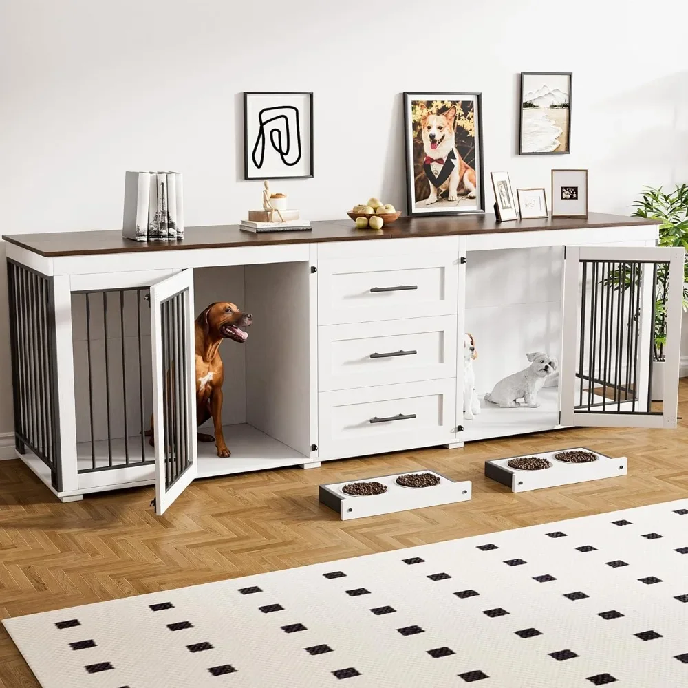 

94.5" Dog Crate, Dogs Kennel Furniture with 3 Storage Drawer, Wooden Dogs Cage with 4 Bowls, Dog House TV Stand with Locks