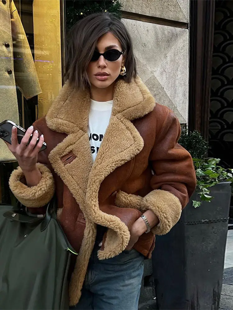 2024 New Winter Thicken Warm Solid Color Leather Jacket Woman Chic Lapel Collar Single Breasted Coat Female Commuter Streetwear