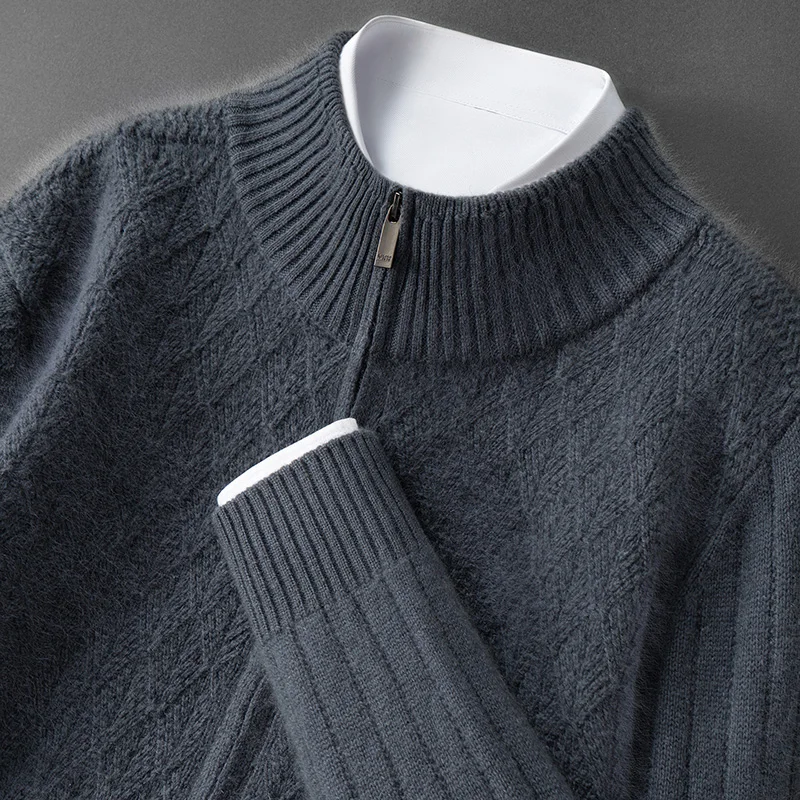 New Men's Thickened Cardigan Alana Knitted Jacket 100% Cashmere Sweater Half Turtleneck Sweater Autumn Winter Zipper Top