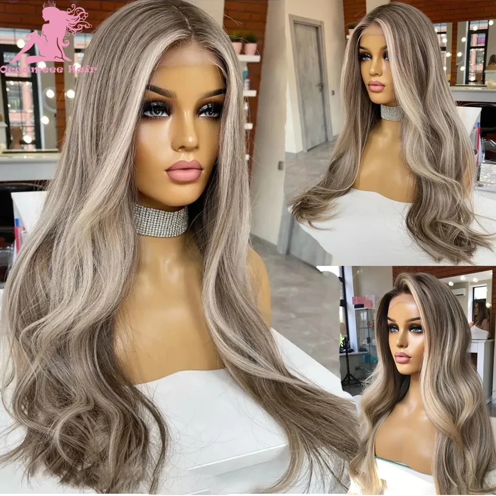 

Highlight Human Hair Wig Ash Blonde Lace Front Ombre Wig long Natural Wave HD Transparent Lace Brazilian Remy Dark Root Wigs