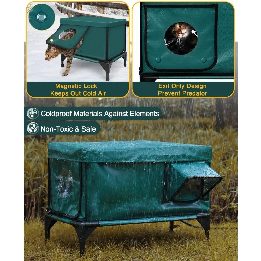 Premium Heated Cat House for Outside in Winter, Elevated, 100% Waterproof, Safe Escape Door.