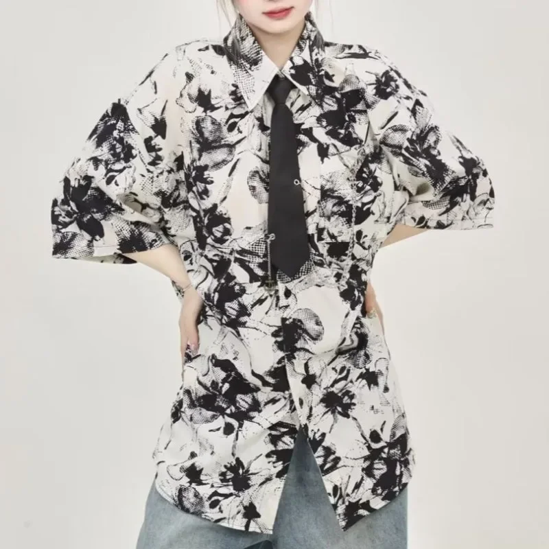 

EBAIHUI Summer Ice Silk Short Sleeved Women Shirt Ink Paint Print Blouse Loose Versatile Korean Flower Blusas Holiday Style Top