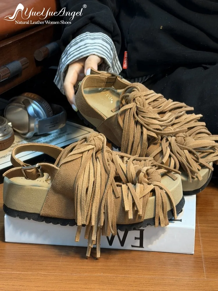 Summer Vintage Tassels Sandals Open Toe Thick Platform Real Cow Suede Shoes Casual Streetwear Outside Women Gladiator Sandals