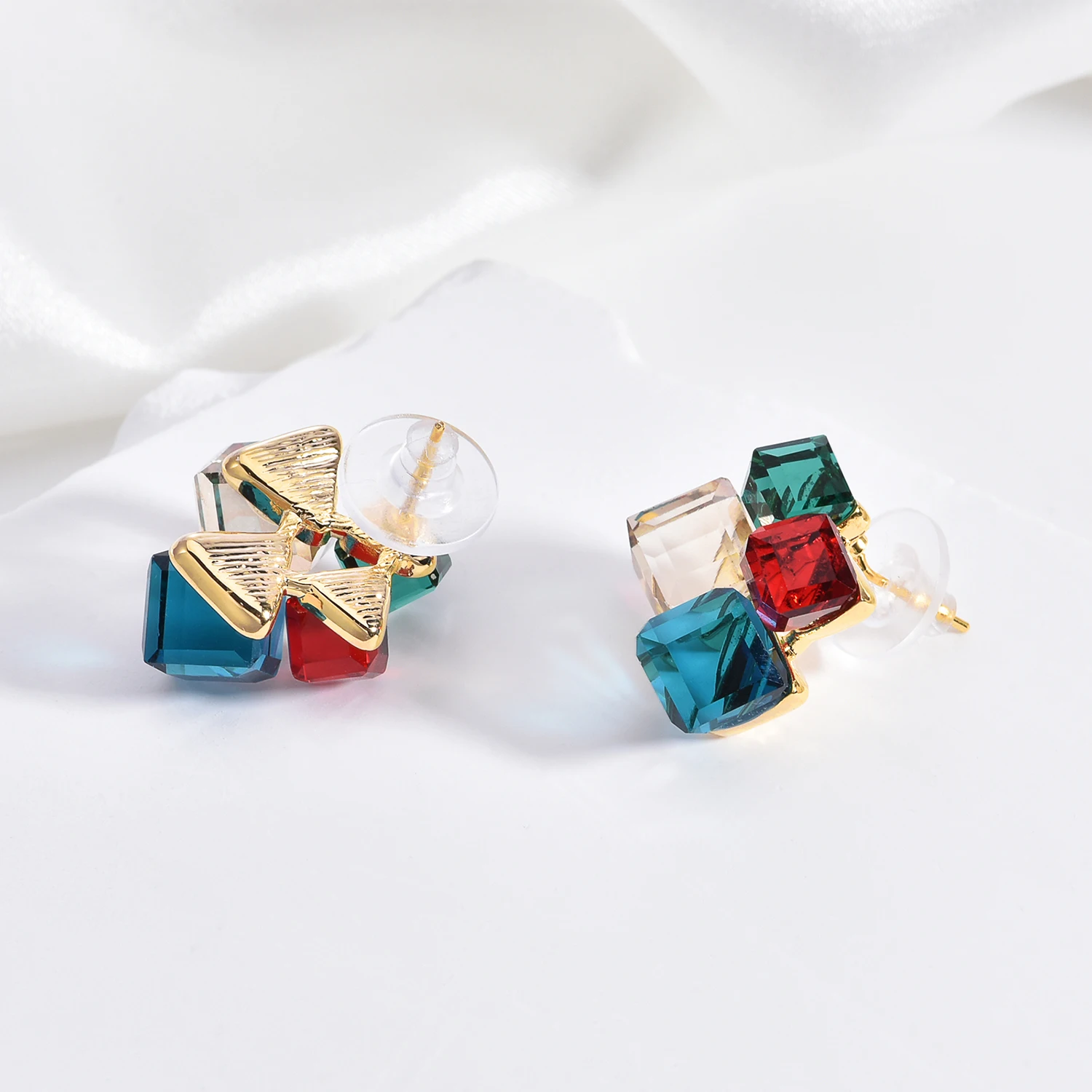 Kanberich 2024 Latest Colorful Crystal Blocks 18K Gold Plated Brass Women's Earrings Wholesale
