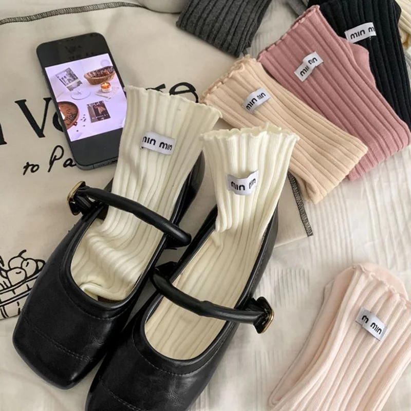 Calcetines Kawaii con volantes para mujer, etiqueta de tela de algodón, alta calidad, holgados, cálidos, estilo de Ballet Min, calcetín blanco de