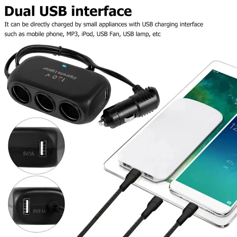 Triple Port 12V 24V Car Charger with Dual USB Fast Charging and LED Light for iPhone Android GPS Dash Cam gallery 3