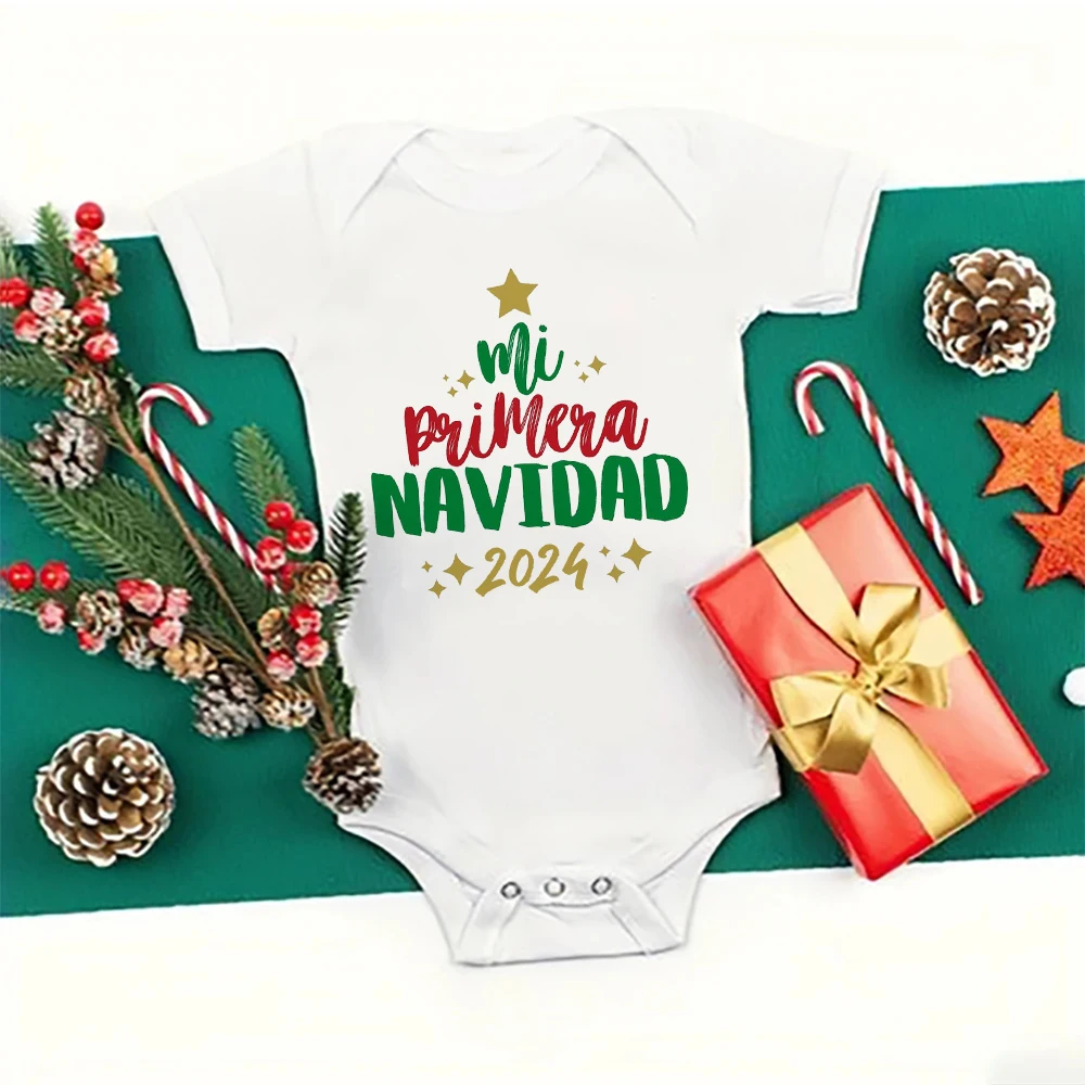 

My 1st Christmas Spanish Printed Baby Bodysuit Christmas Infant Romper Newborn Short Sleeve Jumpsuit Xmas Party Toddler Outfit