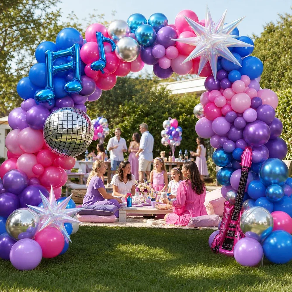 95pcs Music Theme Balloon Garland Kit,Purple Blue Pink Silver Latex Balloons Disco Guitar Foil Balloons for Birthday Party Decor