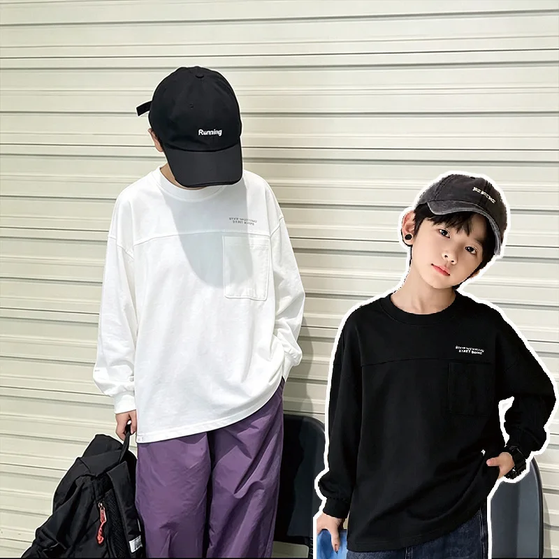 Children's Autumn Korean Casual Cotton T-shirt Long Sleeve Versatile Splicing Top for Boys and Girls Interior