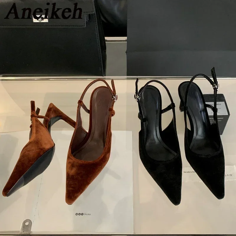 Aneikeh Retro Brown Velvet Pointed Sandals 2026 New Spring/summer Season Slim Heel High-heeled Banquet Dance Shoes Female