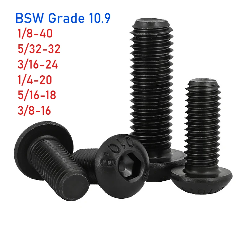 Peijian BSW 1/8-40 5/32-32 3/16-24 1/4-20 5/16-18 3/8-16 Black Grade 10.9 Alloy Steel Round Hex Socket Allen Key Screws Bolt