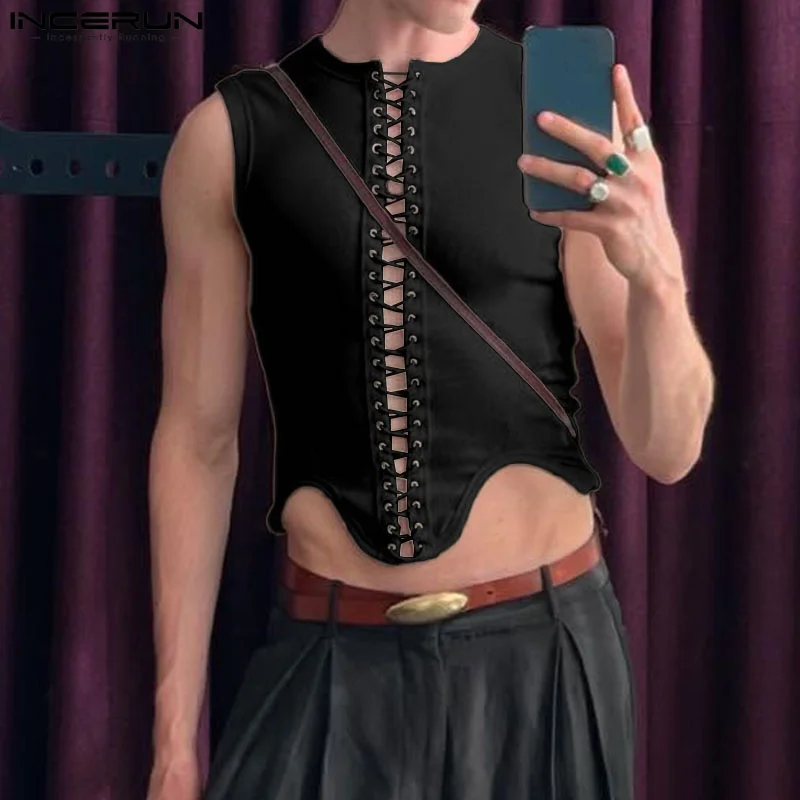 Summer Tops Tee Solid Color INCERUN Fashion Lace-up Men Tank Tops Sleeveless Sexy Tops Irregular Men's Clothing Oversize