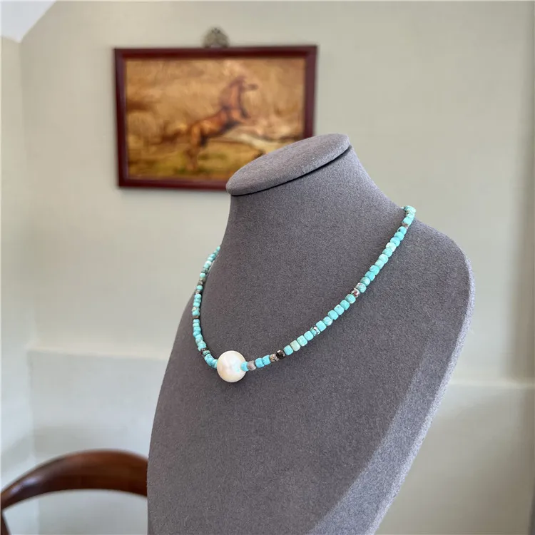 New  design with turquoise freshwater pearl short collarbone necklace