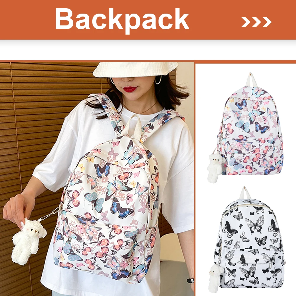 Borse da scuola alla moda Zaino per laptop con stampa a farfalla Borsa a tracolla per studenti con pendente per viaggi in campeggio all'aperto