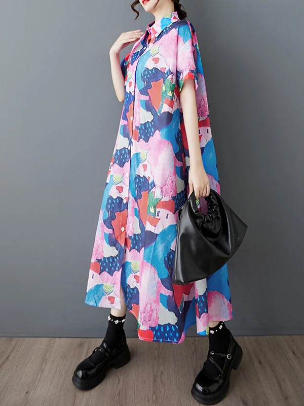 한국 슬레 플러스 사이즈 여성 여름 신상 루즈핏 패션 프린트 슬리밍 고급 롱 셔츠 캐주얼 칼라