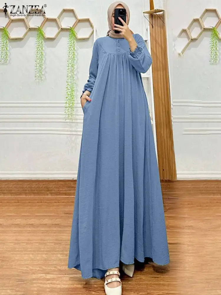 Autumn Sundress 2024 ZANZEA Fashion Long Sleeve Kaftan Women Muslim Dress Abaya Islamic Clothing Solid Loose Ramadan Robe