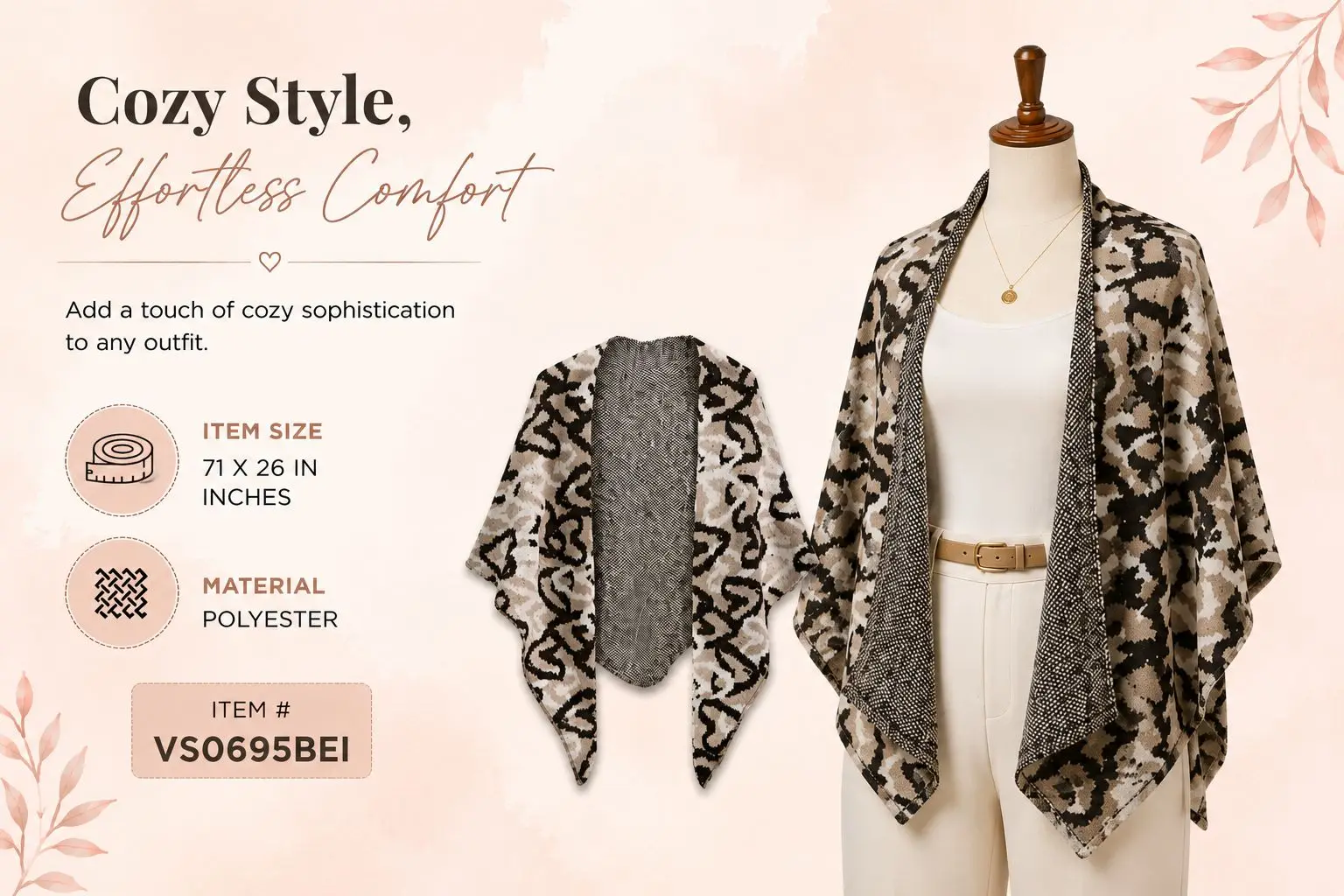 Women Leopard Print Shawl Wrap Polyester Open Front Poncho Cape Fall Winter Fashion Scarf Lightweight Outerwear for Ladies