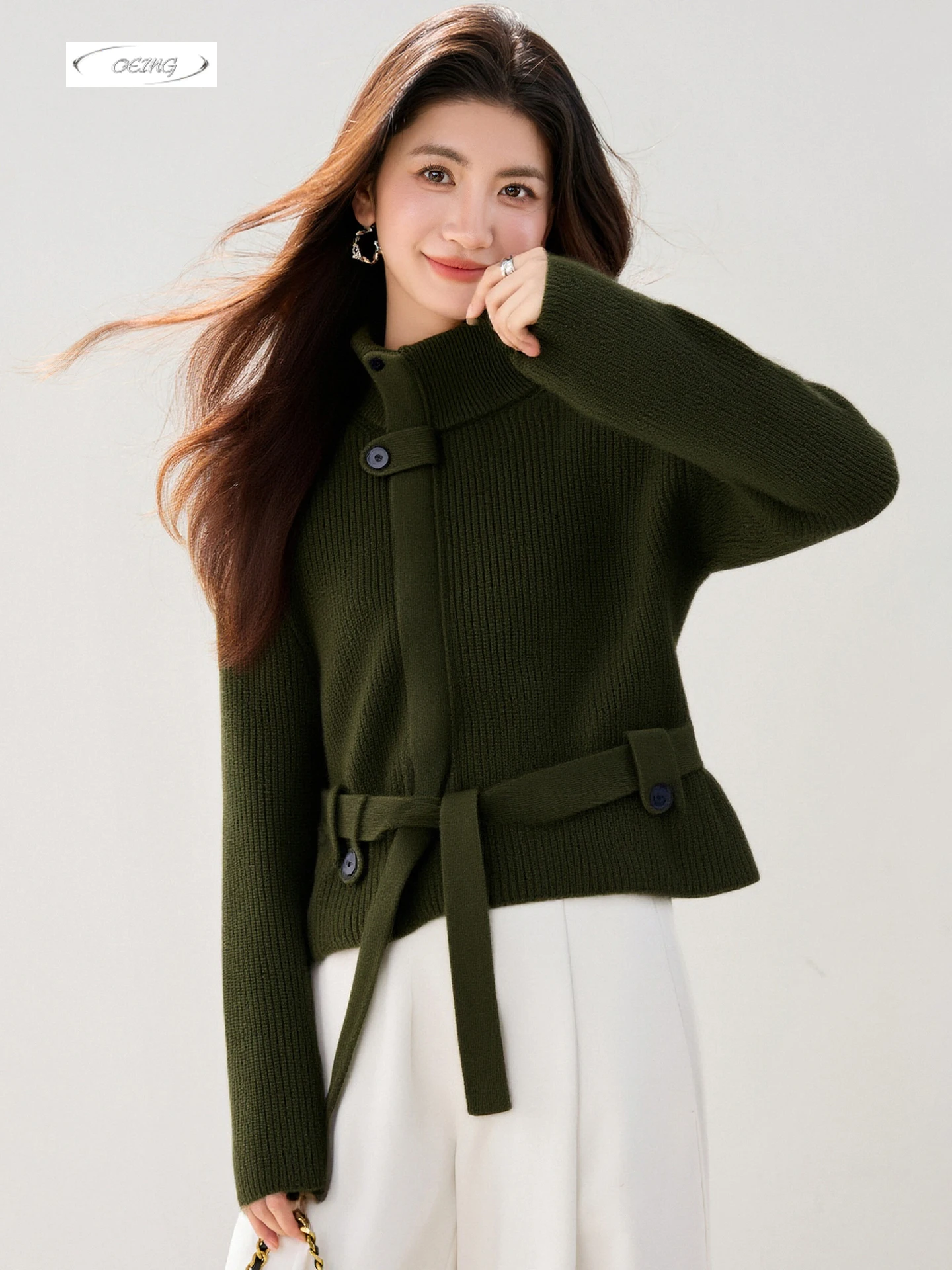 

Women Fashion Bandage Stand Collar Long Sleeve Solid Color Knitted Sweater Tops Autumn Winter Elegant Thick Jumper Knitwear 9762