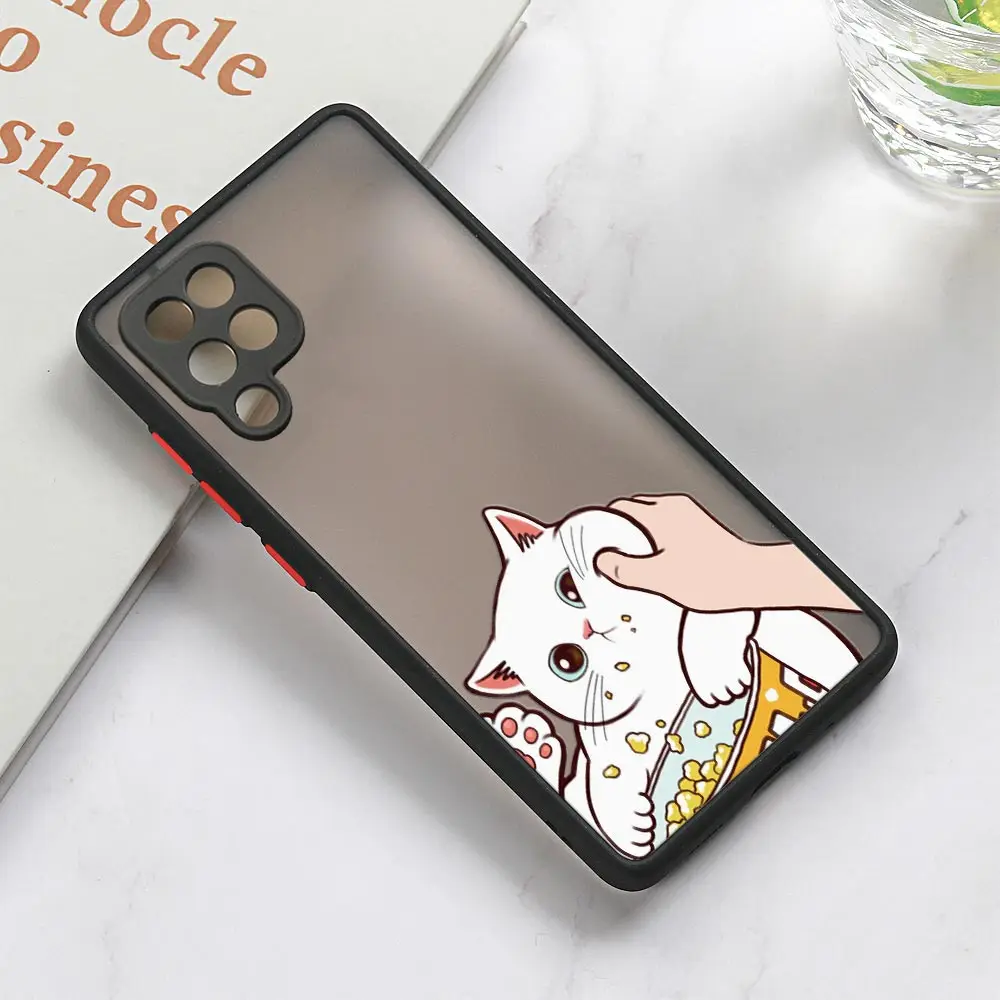 White Pinch Face Cat Snacks Matte Silicone Case For Samsung A02 A03 A04 S A50 A70 A30 A40 A20s A10 A7 M30S M21 M32 Note 20 Cover