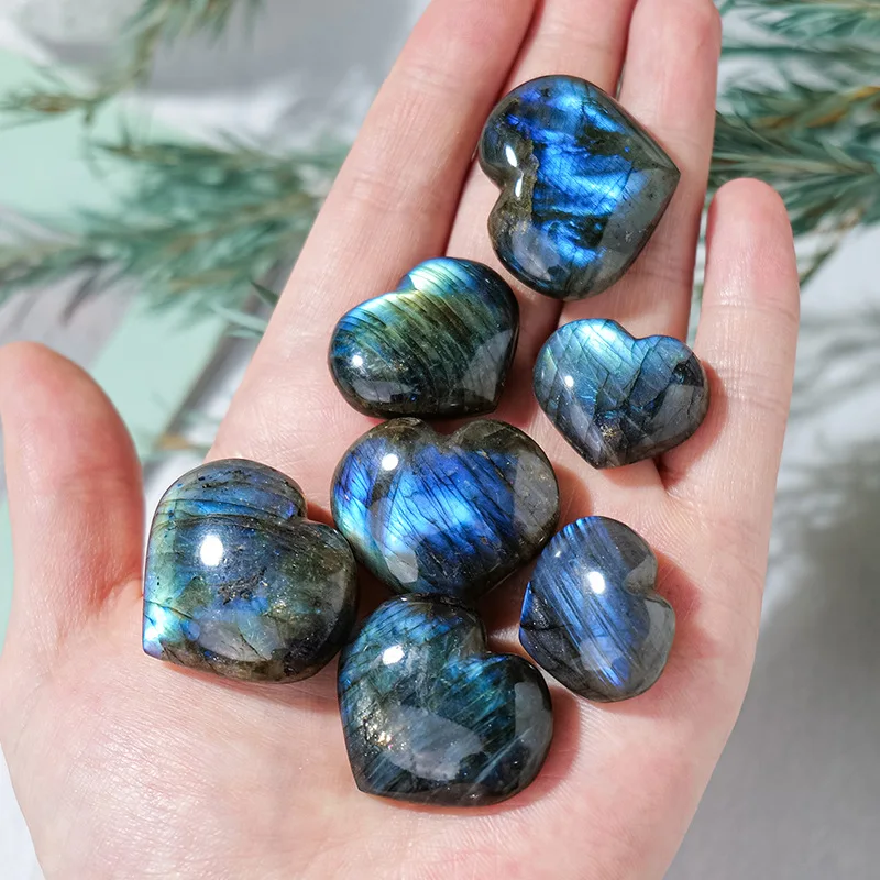JH64 Natural Crystal Labradorite Stone Heart Shaped Blue Light Healing GemHome Fish Tank Aquarium Decoration Ornament Collection