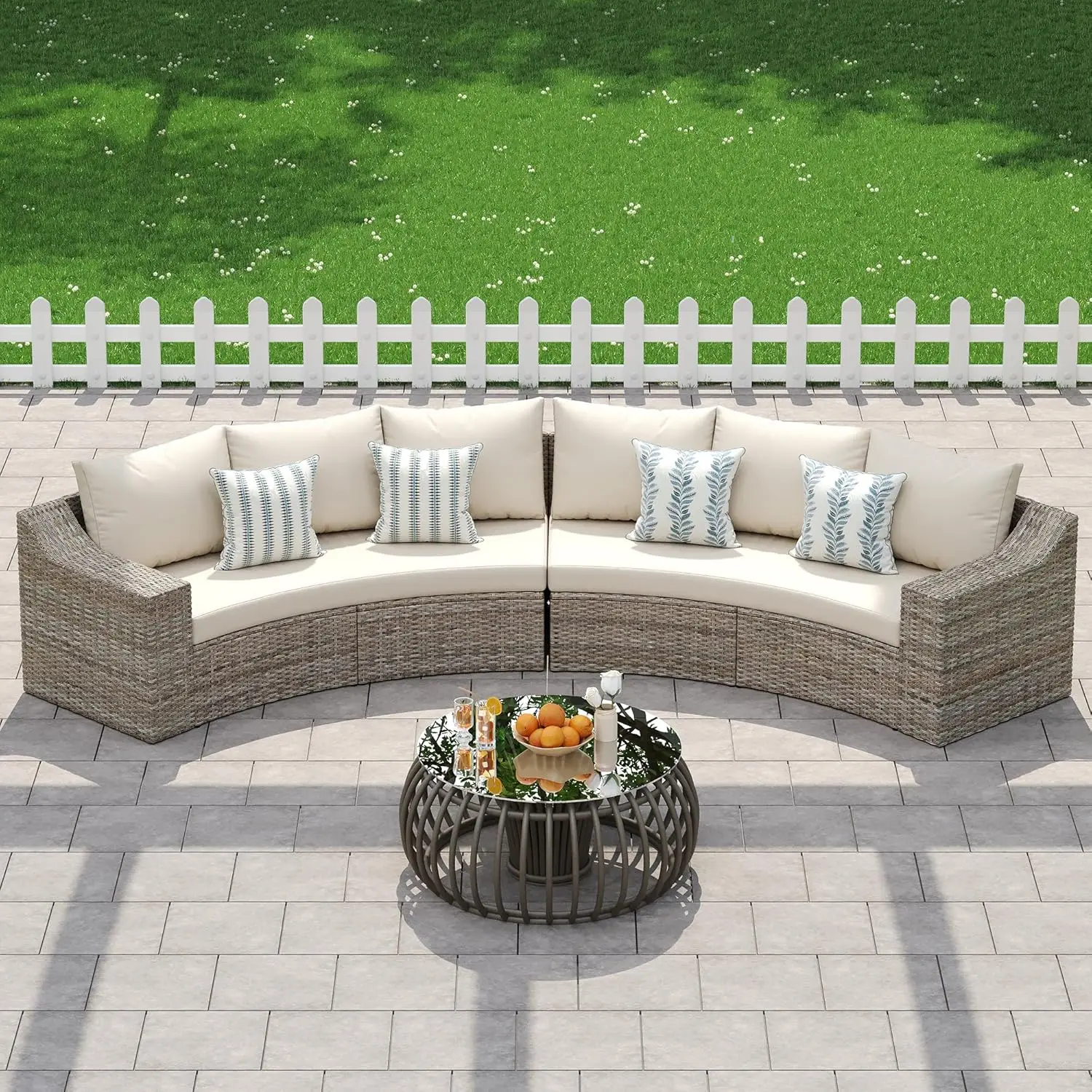 

6-Piece Wicker Patio Furniture Set, Curved Half-Moon Outdoor Sectional Sofa with 6" Wide Armrests, All-Weather, Customized