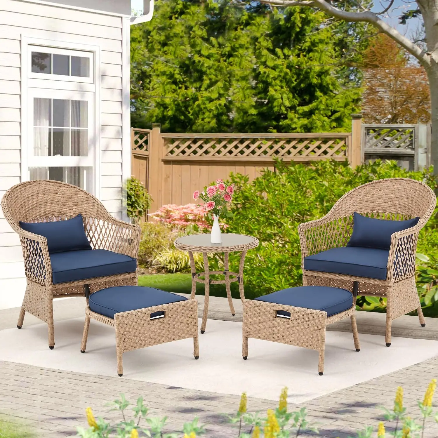 Outdoor Furniture Set, Rattan Conversation Sets W/Tempered Glass Coffee Table & Soft Cushions, Patio Chairs with Ottomans