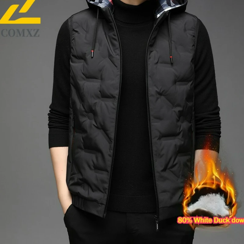 2025 Winter Down Jacket Vest Men's Fashion Luxury Detachable Cap White Duck Down Warm Parka Casual Thick Sleeveless Puffer Coat