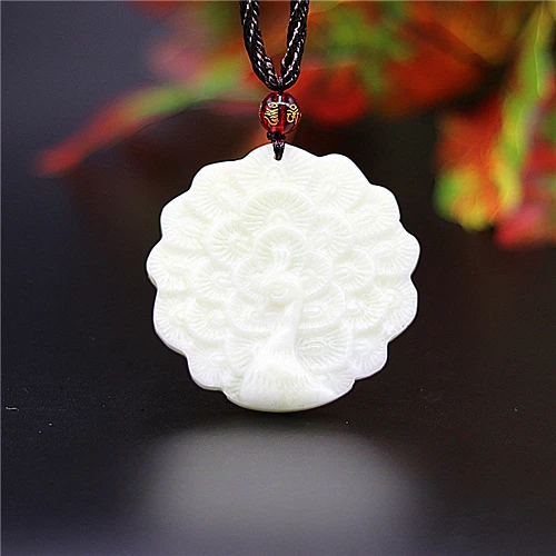 

Natural White Chinese Jade Peacock Pendant Necklace Charm Jewelry Double-sided Carved Amulet Fashion Accessories Gifts for Her