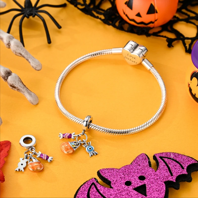 Funny 925 Silver Plated Pumpkin Witch Halloween Series Dangle Charm Fit Original Bracelet DIY Niche Jewelry Gifts For Friends