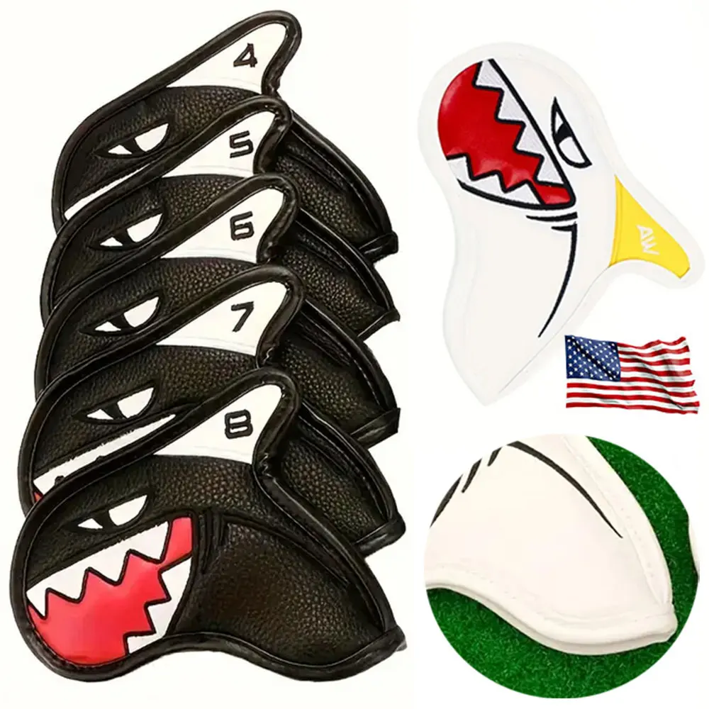 

Чехлы для головок клюшек для гольфа Black White Shark, 9 штук – водонепроницаемые, из искусственной кожи, с номерами 4-9 AW PW SW, премиум-защита, набор для клюшек.