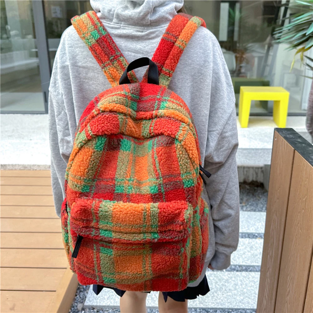 Lamb Wool Color Clash Schoolbag Winter Fluffy Student Mochila Faux Fur Women\'s Knapsack Soft Furry Plaid Ladies Fashion Backpack