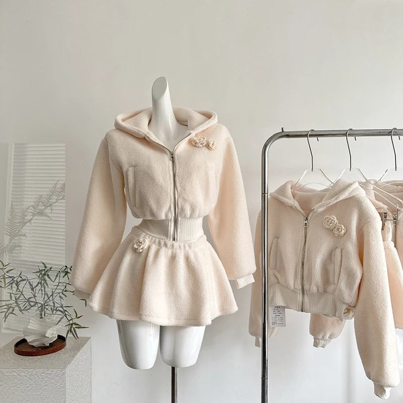 

Three dimensional rose hooded short jacket+waist cinching slimming short skirt women's winter sweet solid two-piece set