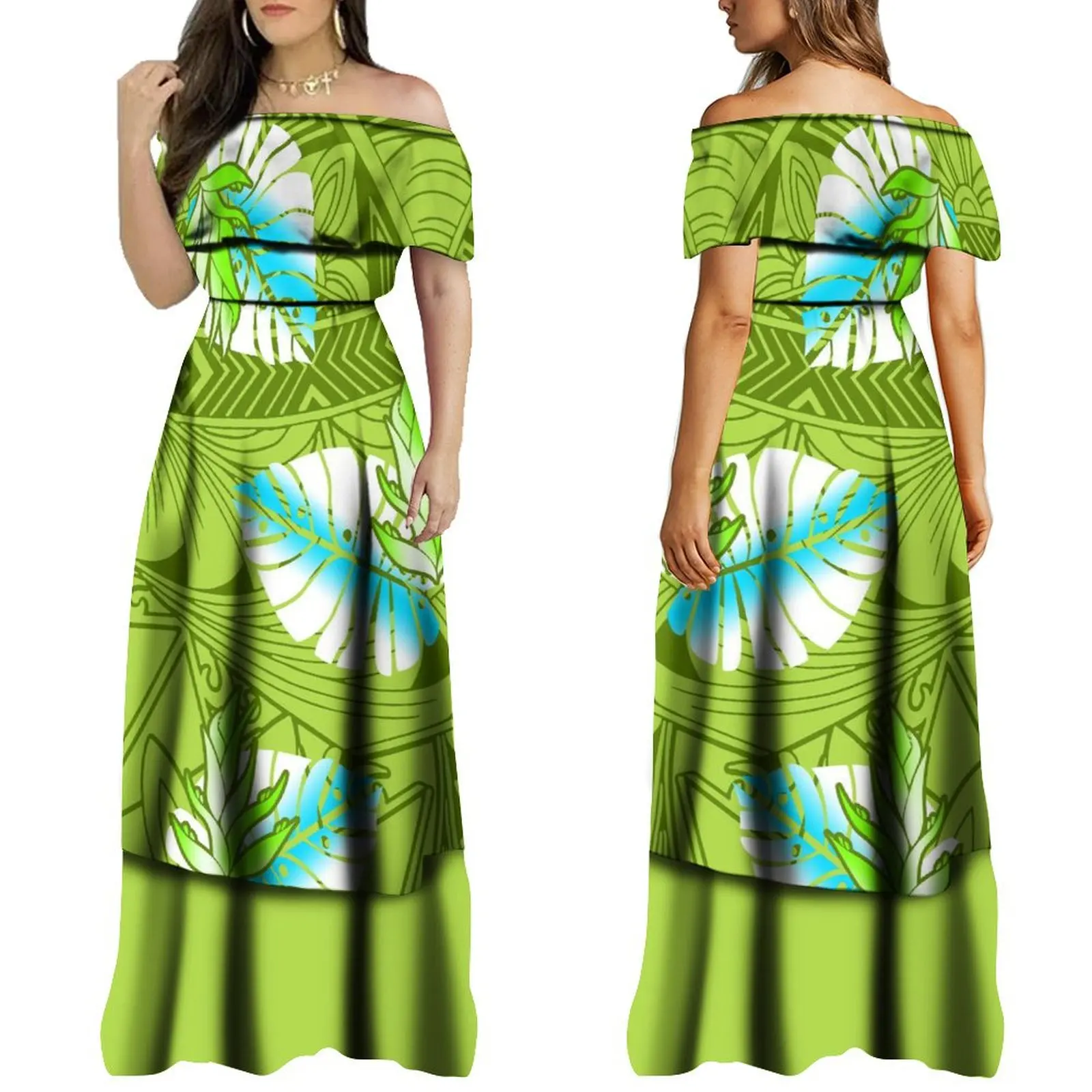 Vestido longo sem alças polinésio para mulheres, vestidos elegantes, cintura, dupla camada, impresso, personalizado, havaiano, verão