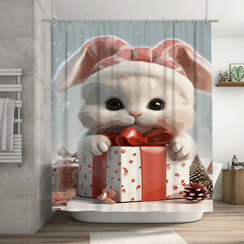 

TuniuCute Kitten Рождественский подарок Занавеска для душа в ванной комнате Праздничный праздничный декор Очаровательный котенок Кошка Тканевая панель для ванной комнаты Забавный питомец