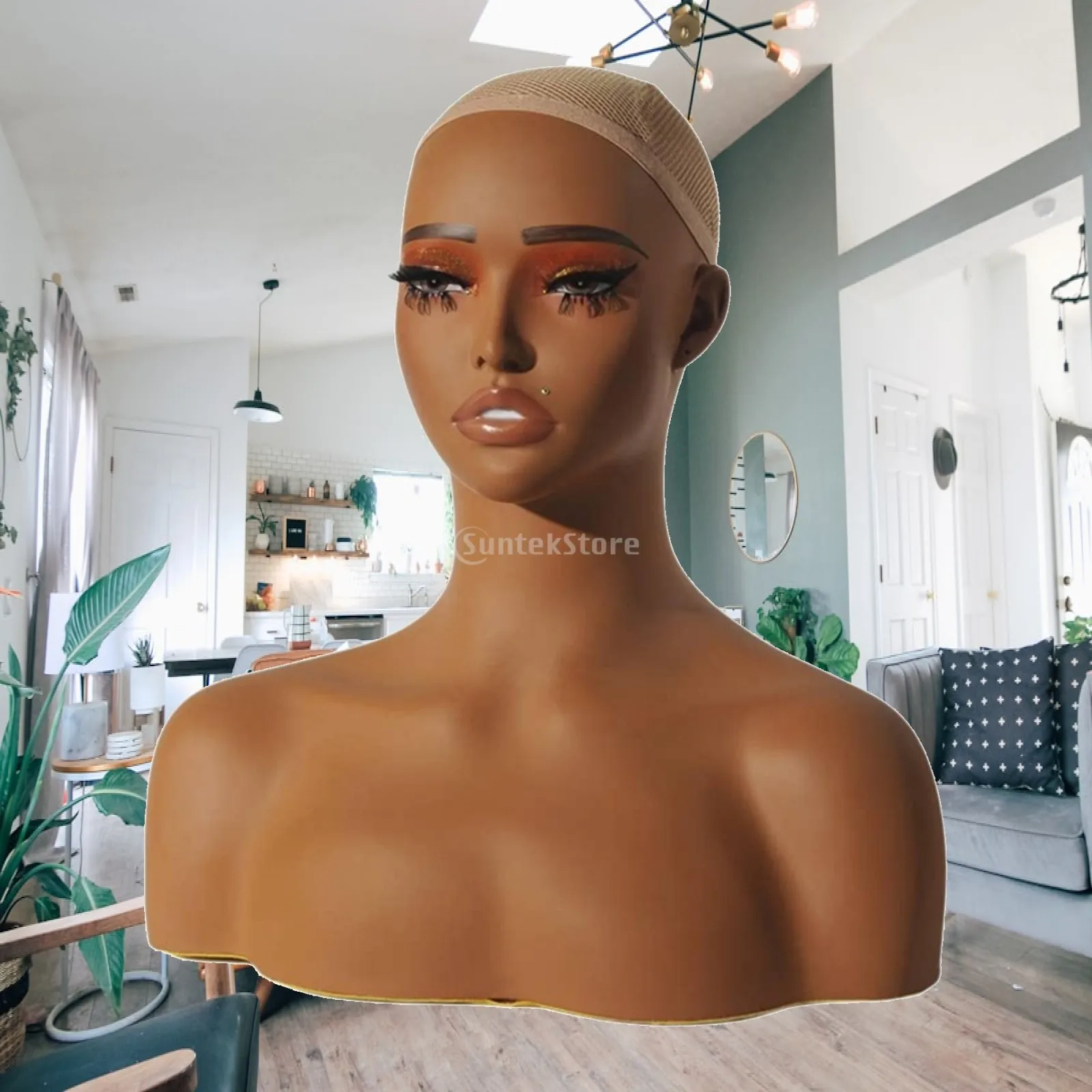 Realistic Woman Mannequin Head with Painted Face Eyelashes PVC Material for Wig Jewelry Hat Display Holder Stand