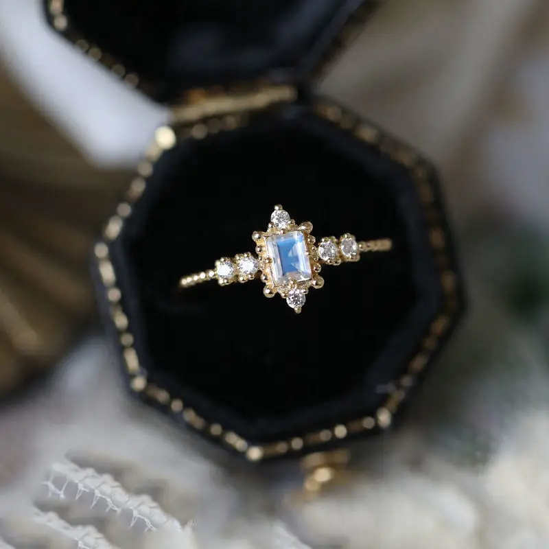 Victorian Rococo Style 18k Gold Plated Moonstone Ring Geometric Finger Band Lace Opal Ring Silver Natural Gemstone KoreanJewelry