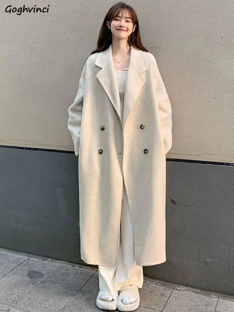 Blends Winter Long Coats for Women Tender Korean Fashion Double Breasted Classy Street Lapel Overcoats Loose Vintage Chic Youth