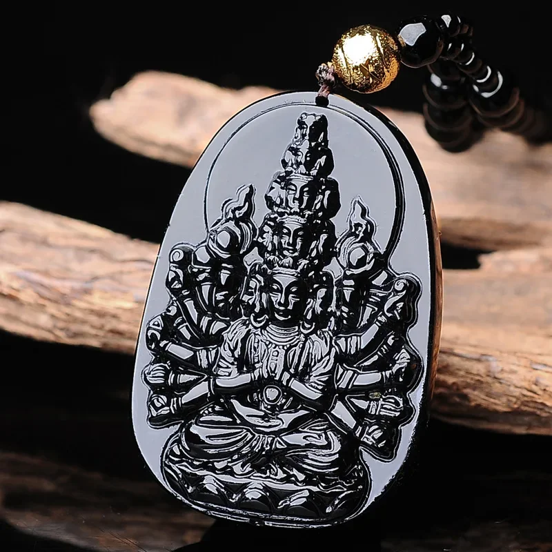 

Natural Obsidian Hand Carved Avalokitesvara Pendant Fashion Boutique Jewelry Men's and Women's Necklaces Gift Accessories