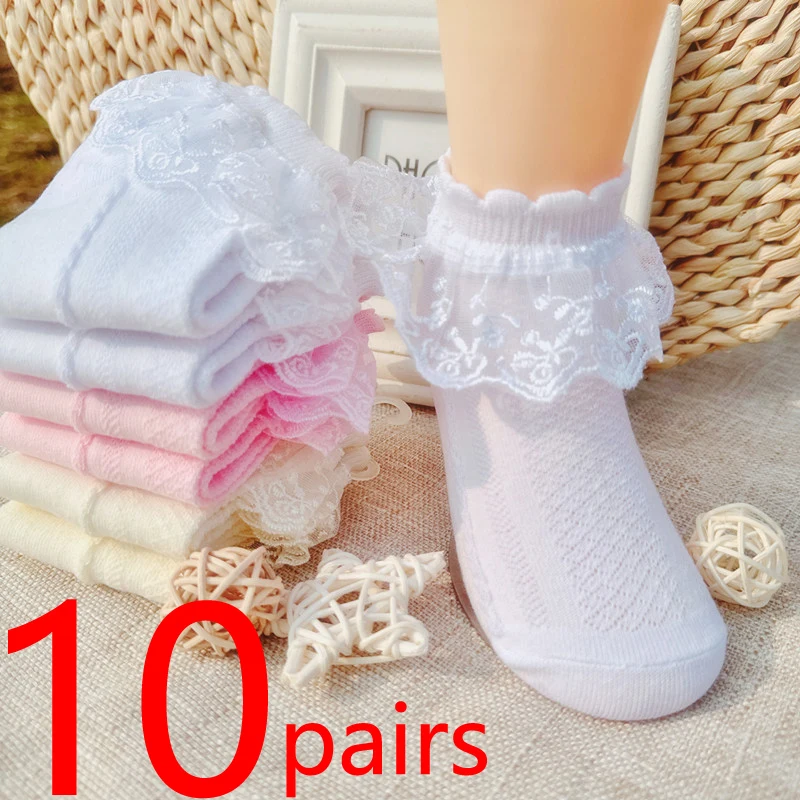 10 Paare/los Kinder Socken für Mädchen Spitze Rüschen Prinzessin Mesh Kinder Knöchel Kurze Atmungsaktive Baumwolle Weiß Rosa Blau Kleinkind Socke