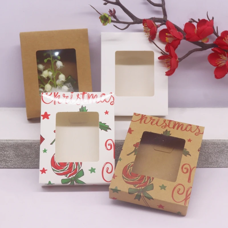 10pcs 10x8x2cm Christmas Gift Boxes, Paper Packaging Boxes, kraft Paper White Candy Faovrs with Window Packaging Boxes
