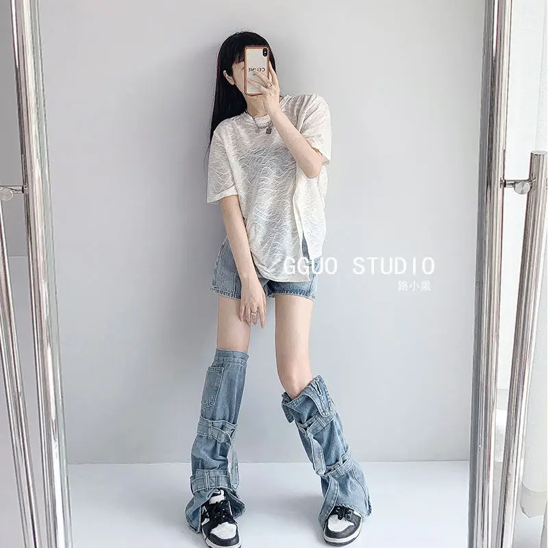 Women Denim Leg Warmers Y2k High Socks Lolita Harajuku Stylish Buckled Denim Leggings Jean Foot Socks Cowboy Women Leg Warmers