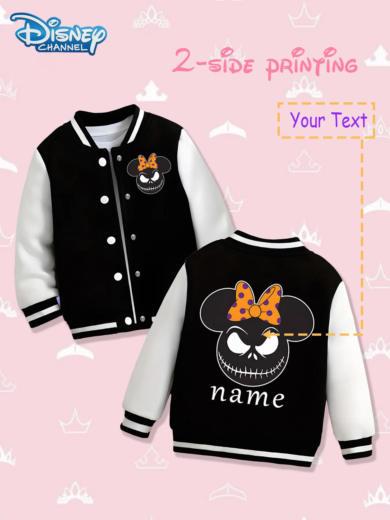 

MINISO Disney Halloween Minnie Skull Girls Baseball Jacket - Double-sided personalized print, warm in autumn and winter with a f